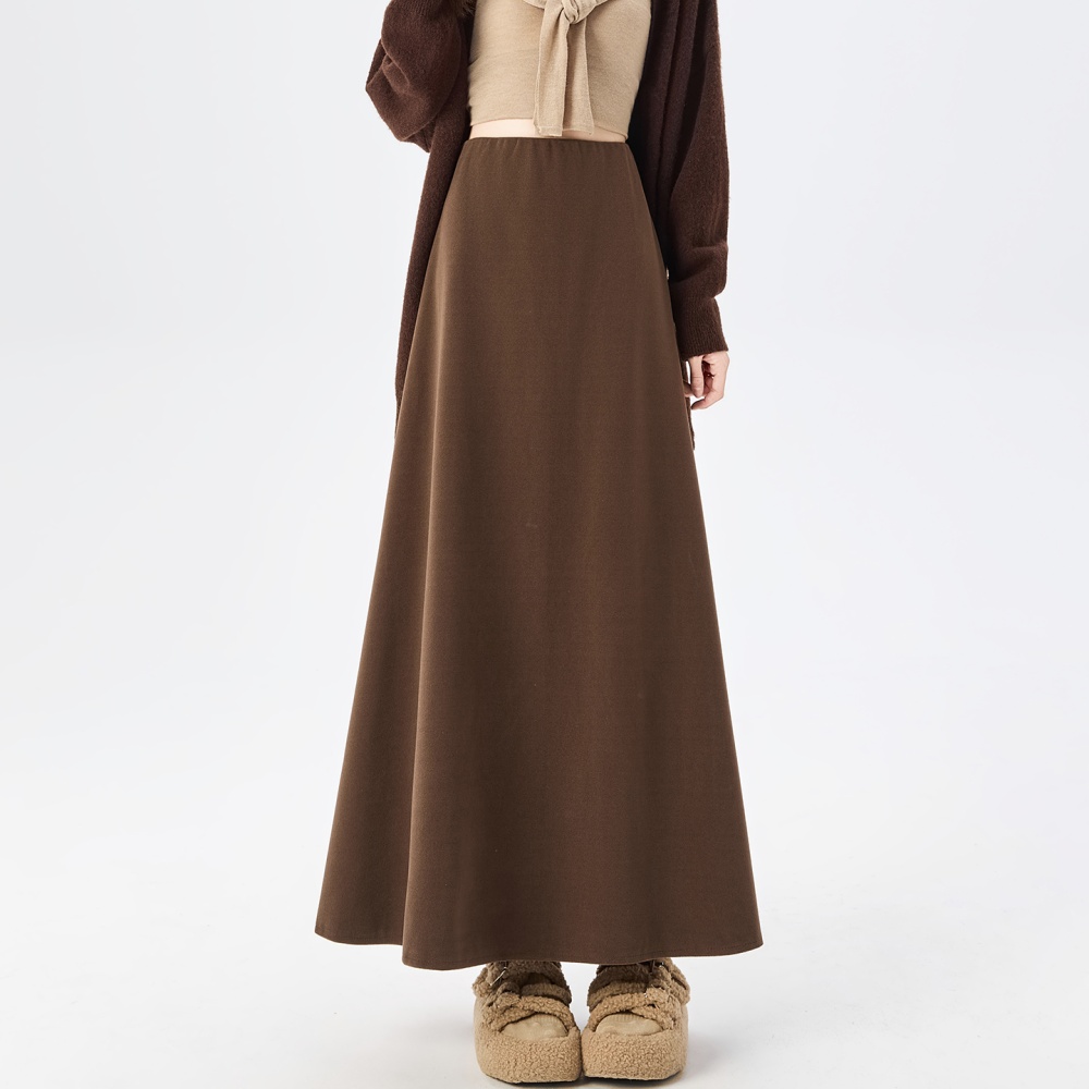 Woolen straight high waist long A-line skirt for women