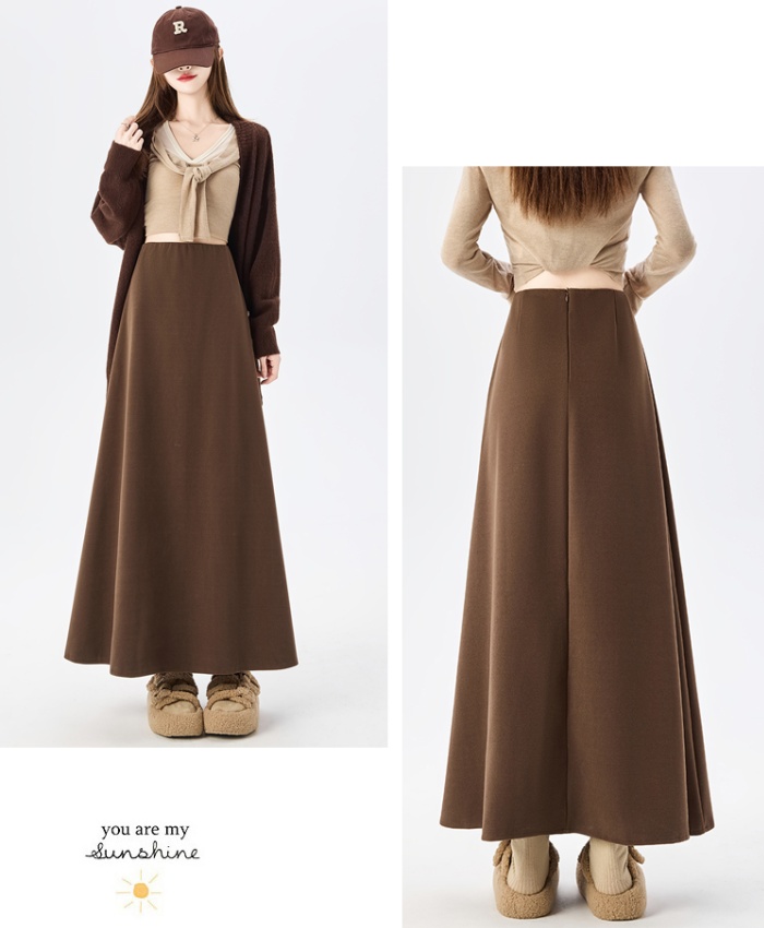 Woolen straight high waist long A-line skirt for women