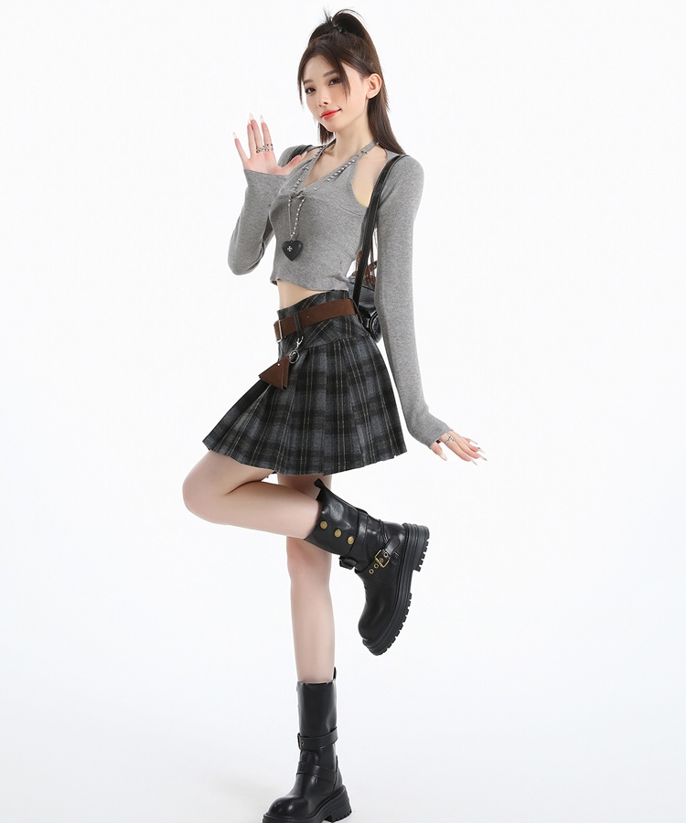 Plaid pleated skirt retro high waist short skirt for women
