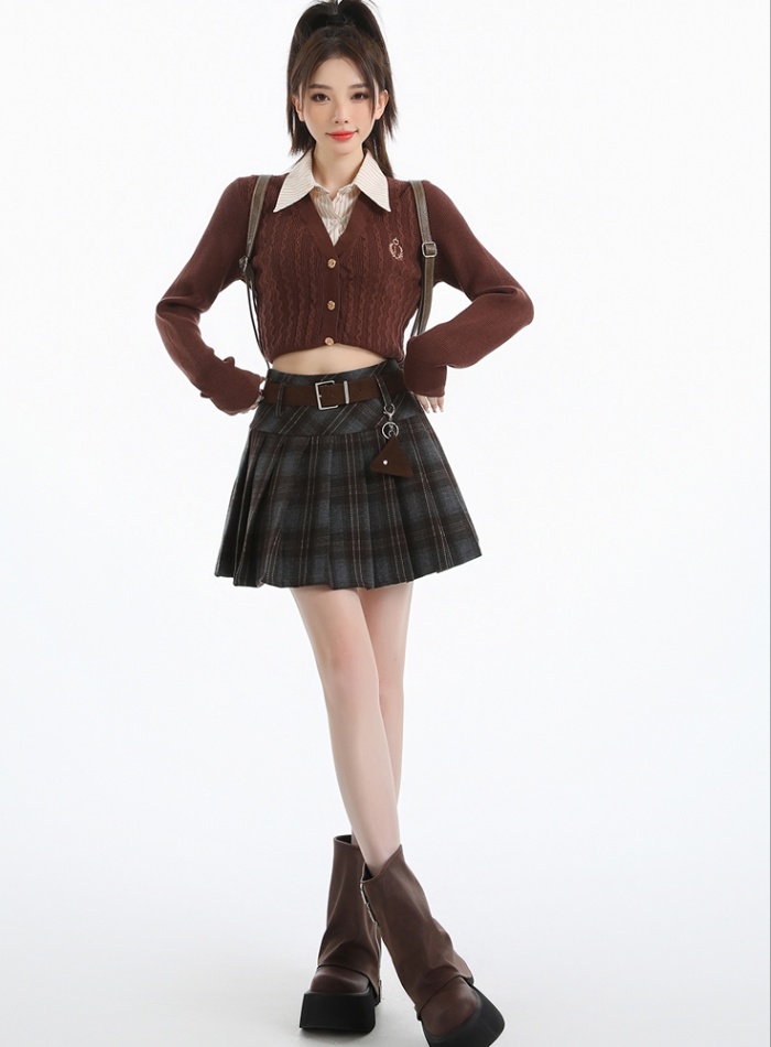 Plaid pleated skirt retro high waist short skirt for women