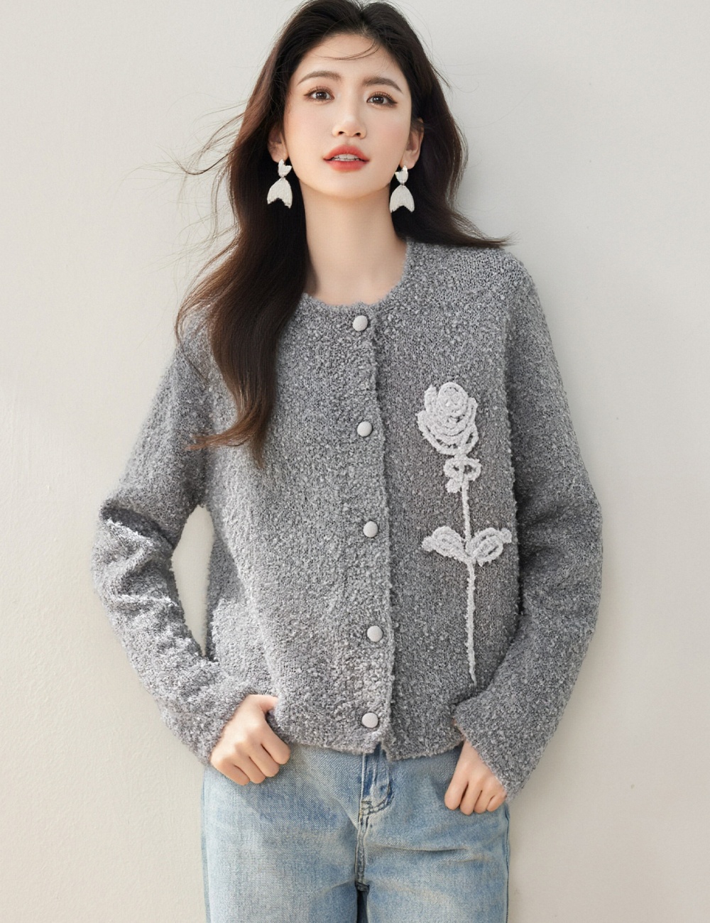 Crochet rose cardigan round neck knitted sweater