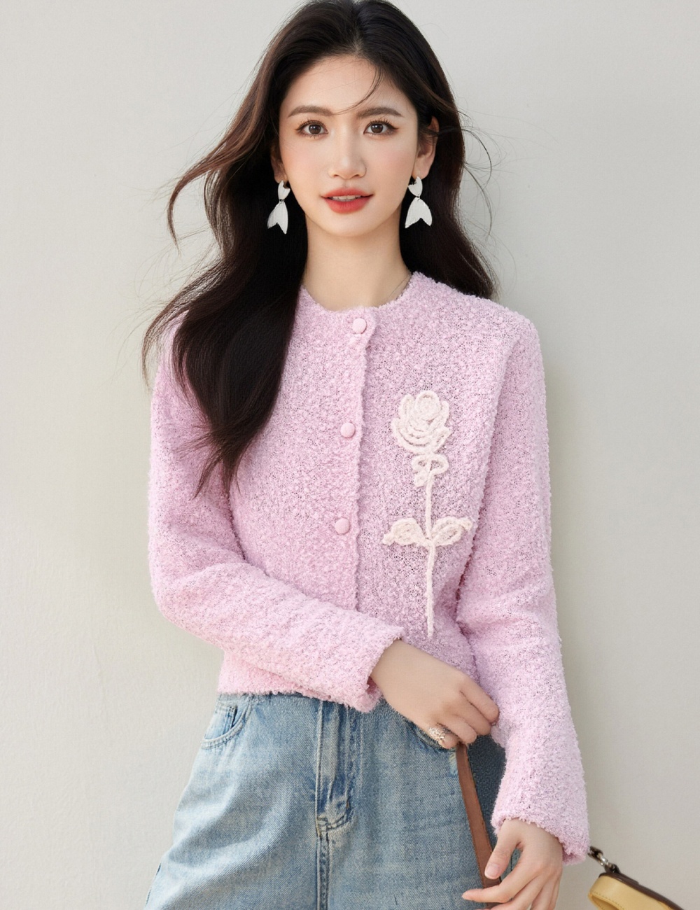 Crochet rose cardigan round neck knitted sweater