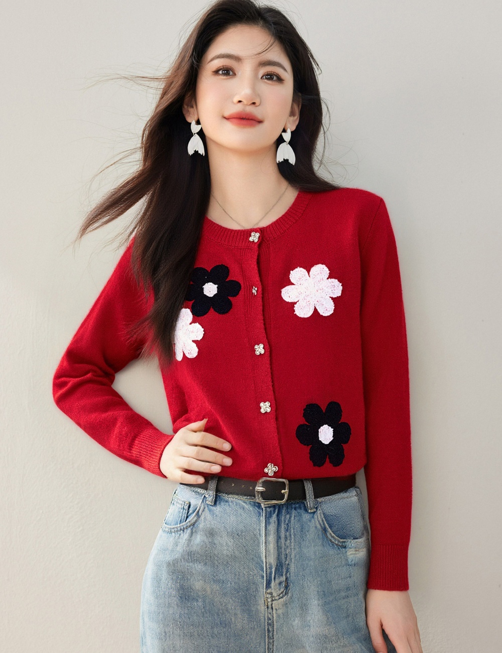 Slim flowers cardigan loose autumn tops for women