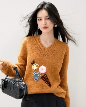 All-match V-neck tops Korean style sweater for women