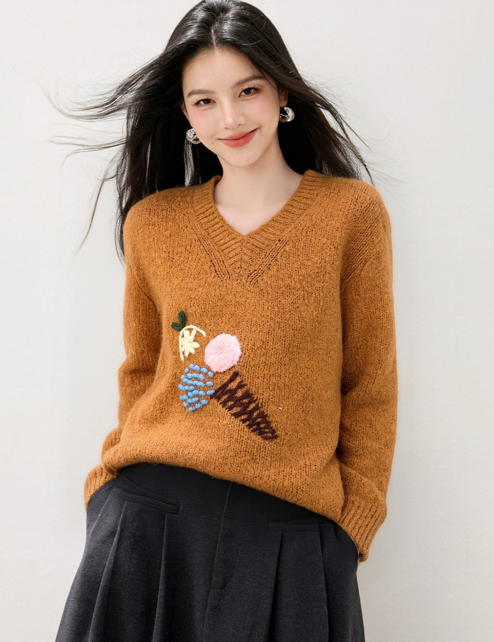 All-match V-neck tops Korean style sweater for women