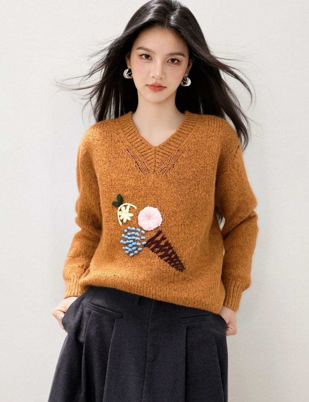 All-match V-neck tops Korean style sweater for women