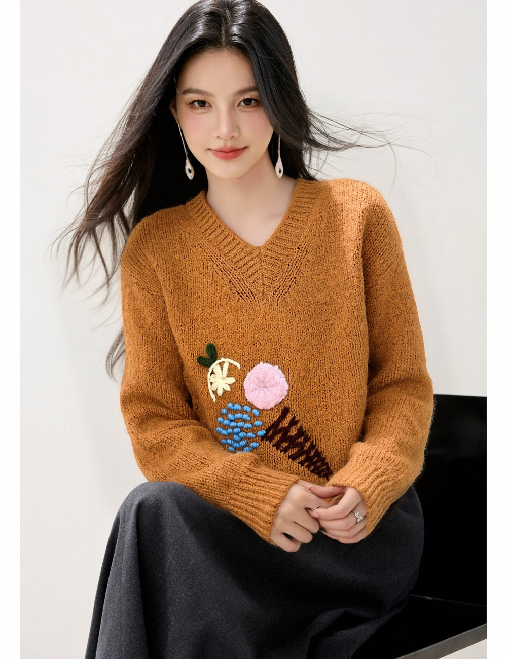 All-match V-neck tops Korean style sweater for women