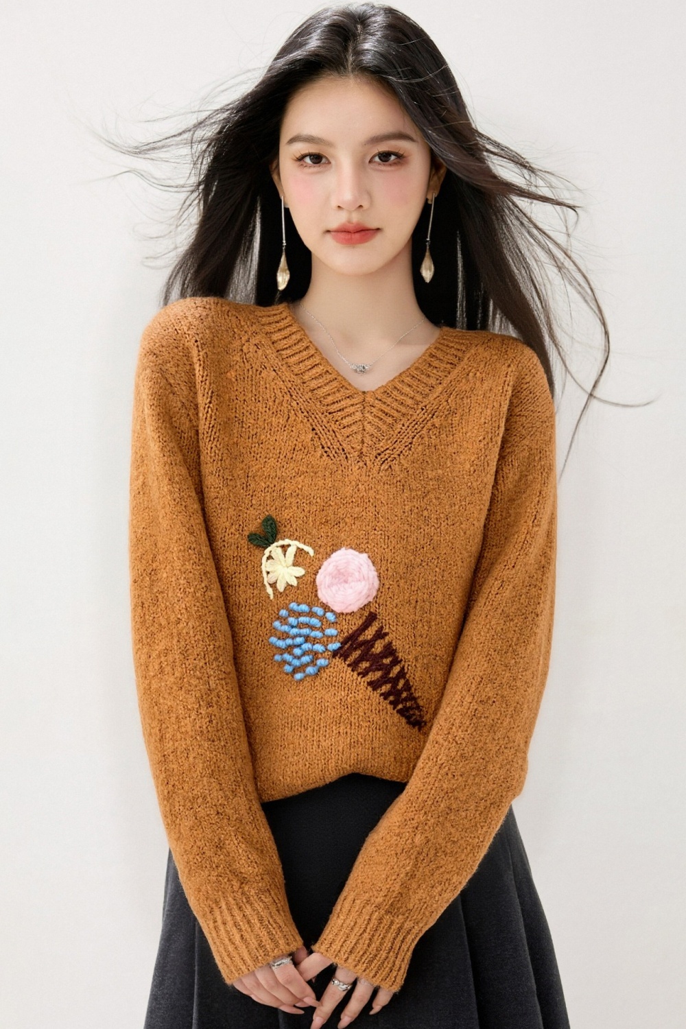 All-match V-neck tops Korean style sweater for women