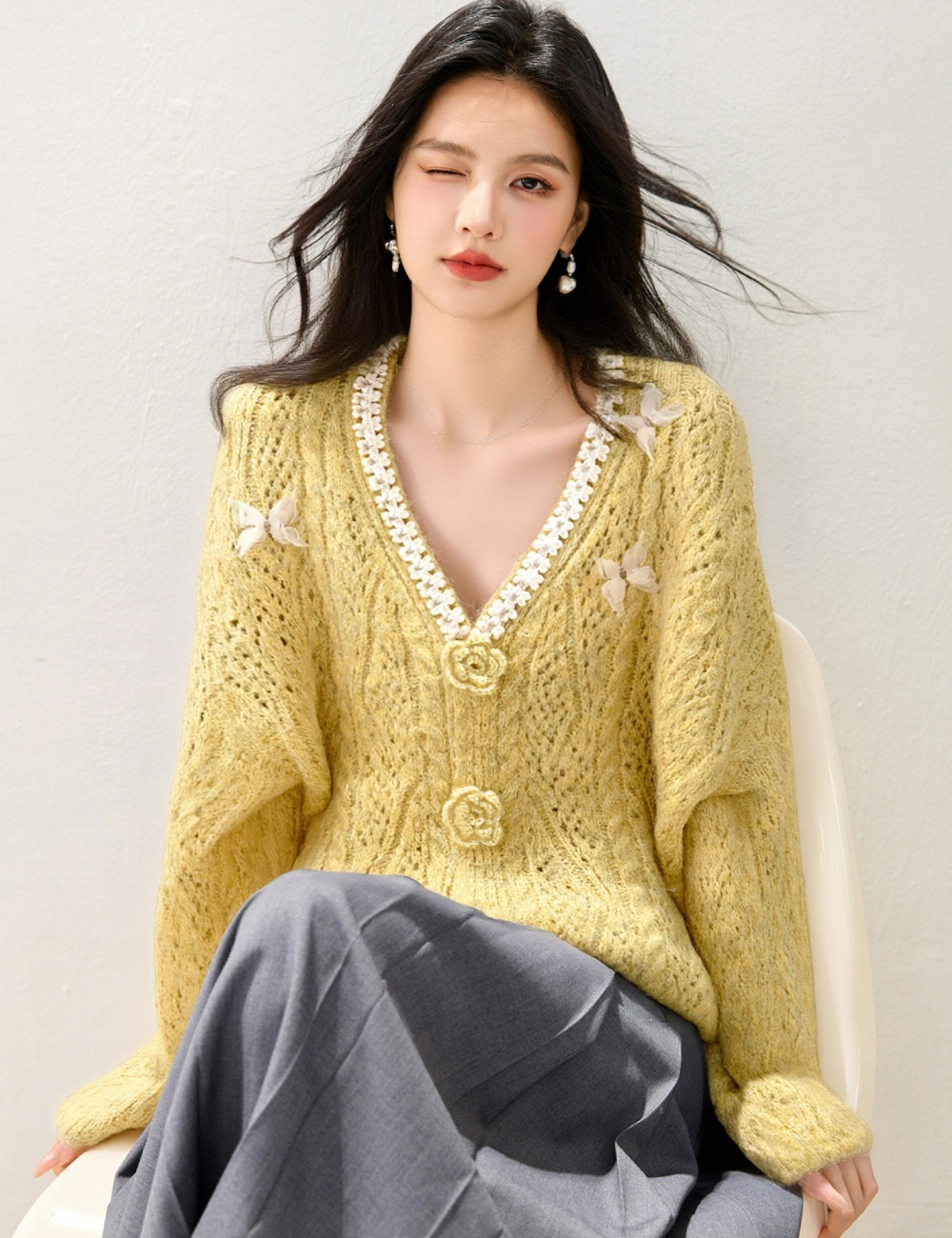 Flowers tender coat knitted sweater for women