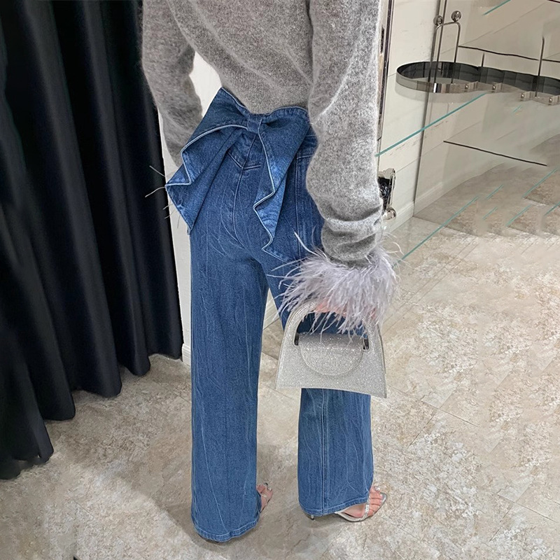 Autumn slim back bow fashion straight pants jeans for women
