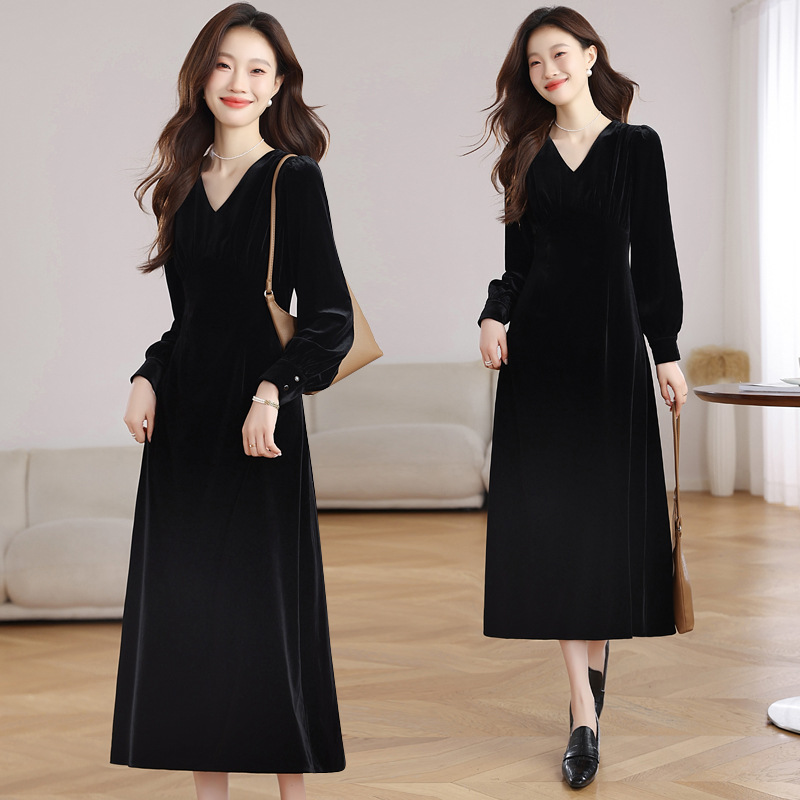 Velvet France style V-neck pinched waist slim dress for women