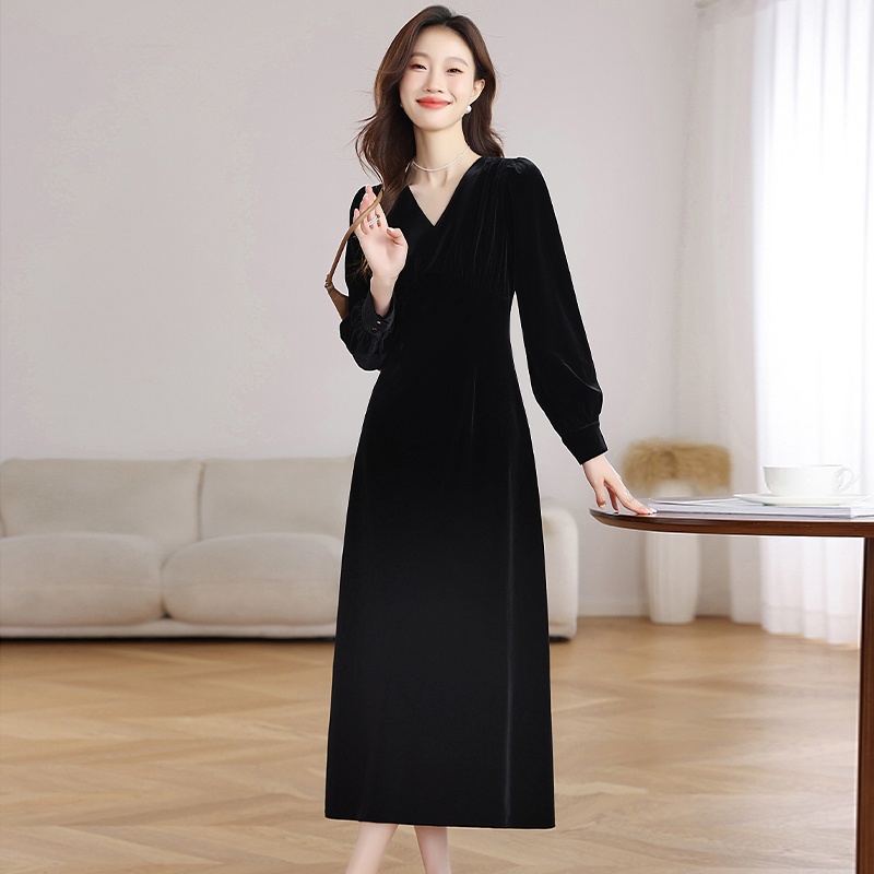 Velvet France style V-neck pinched waist slim dress for women