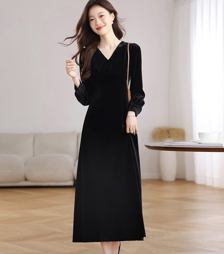 Velvet France style V-neck pinched waist slim dress for women