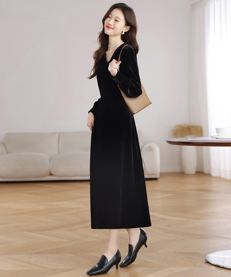 Velvet France style V-neck pinched waist slim dress for women