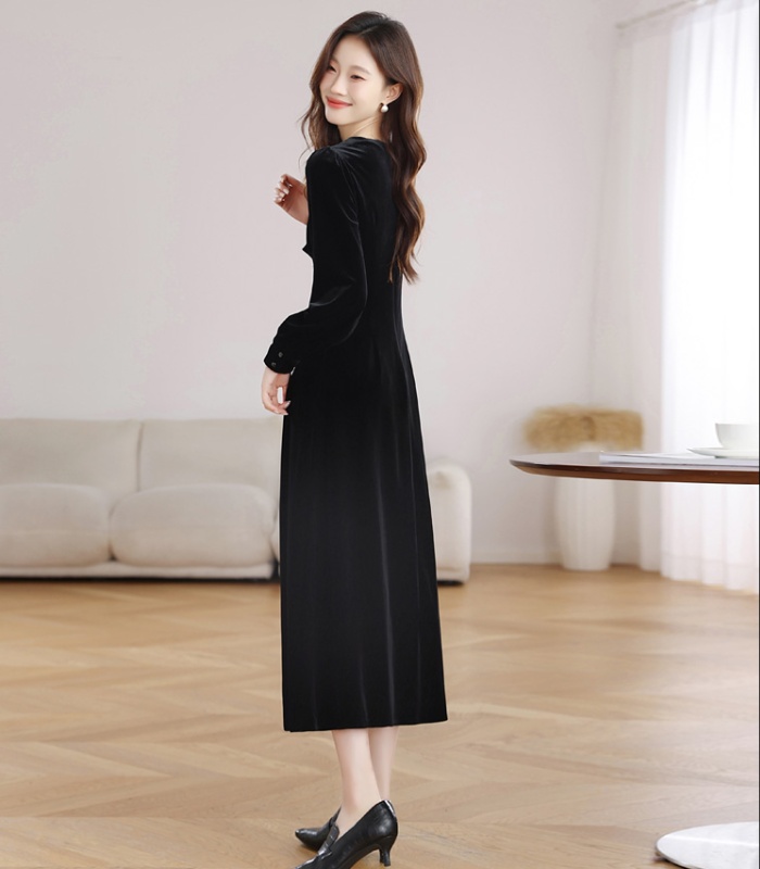 Velvet France style V-neck pinched waist slim dress for women
