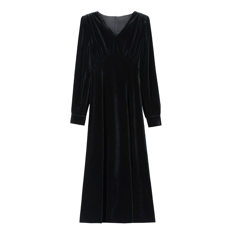 Velvet France style V-neck pinched waist slim dress for women
