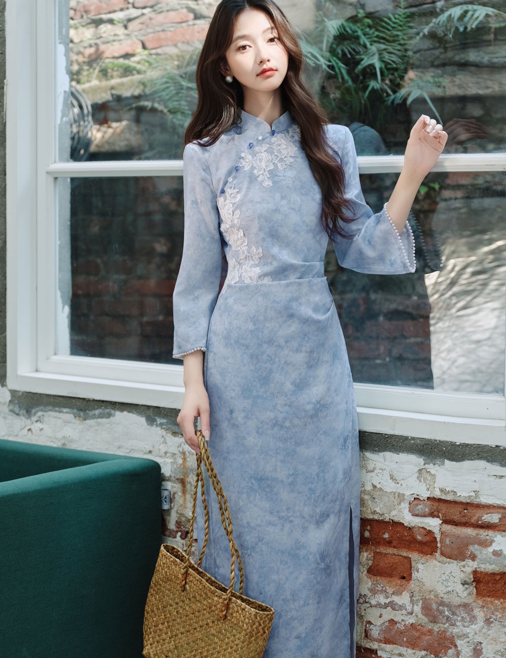 Jacquard dress long sleeve cheongsam for women
