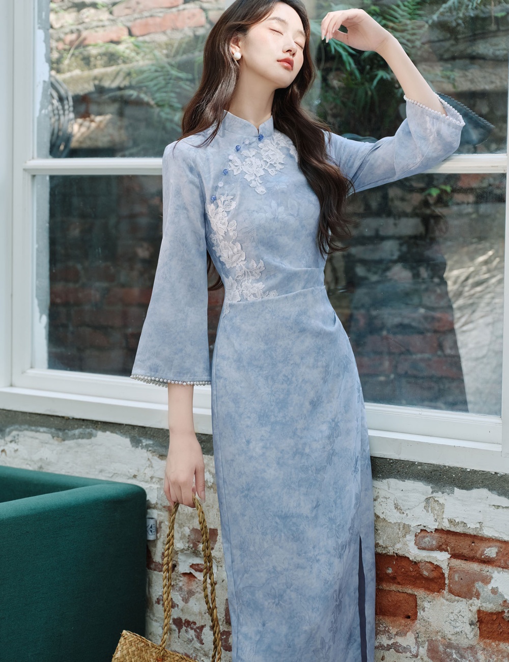 Jacquard dress long sleeve cheongsam for women