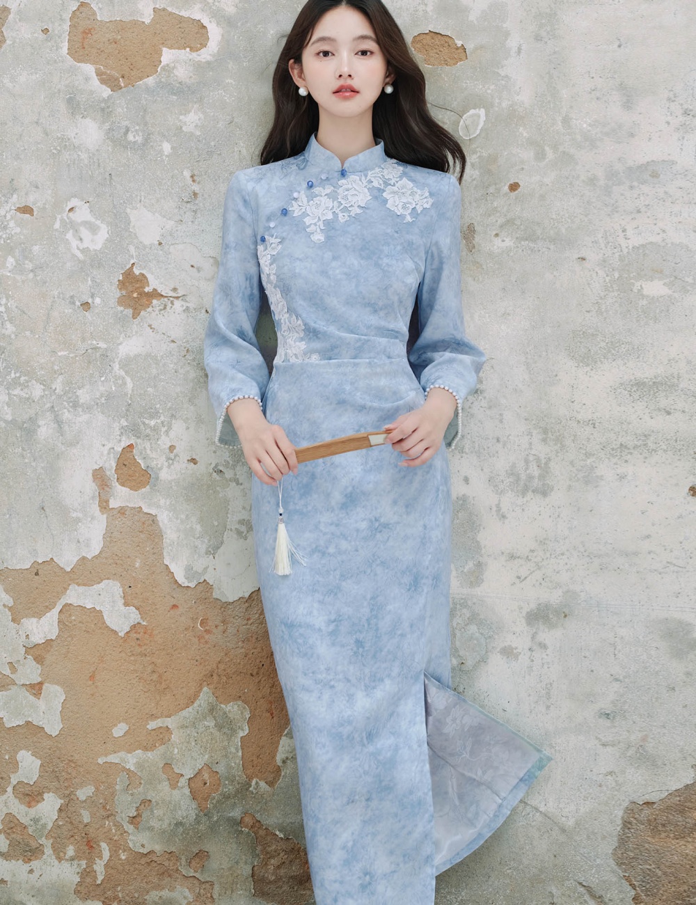Jacquard dress long sleeve cheongsam for women
