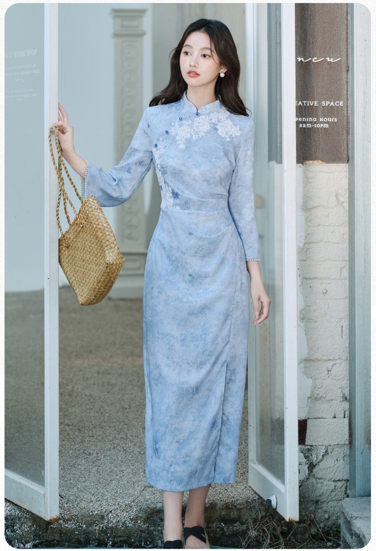 Jacquard dress long sleeve cheongsam for women
