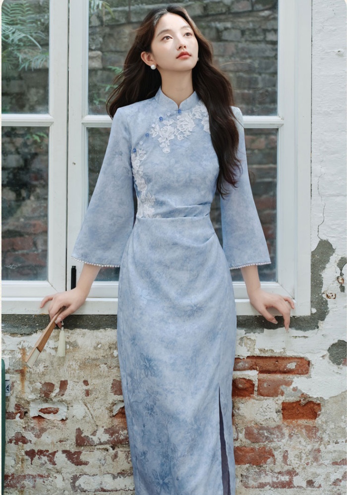 Jacquard dress long sleeve cheongsam for women