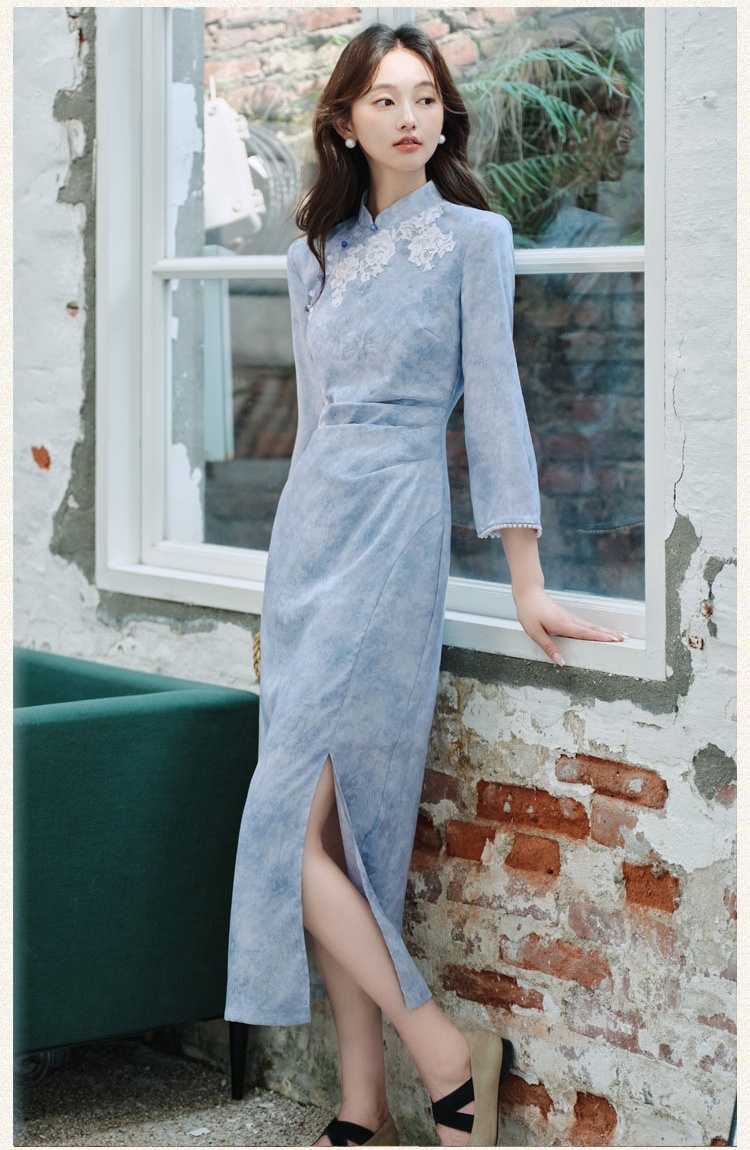 Jacquard dress long sleeve cheongsam for women