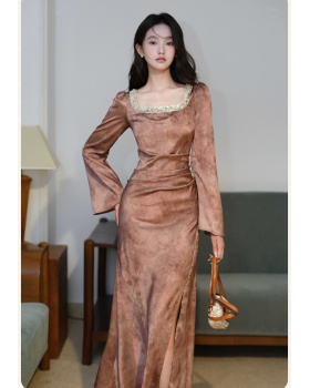 Retro pinched waist formal dress long sleeve dress