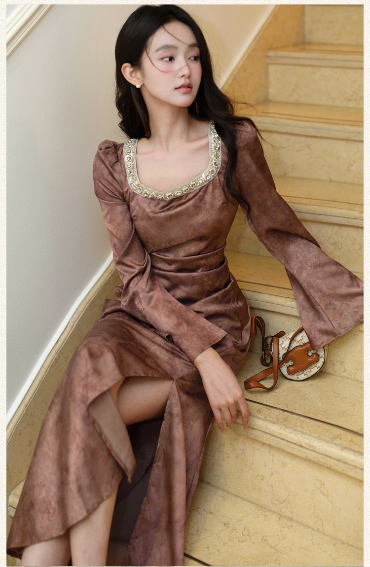 Retro pinched waist formal dress long sleeve dress