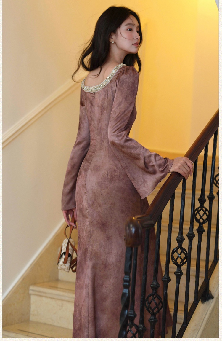 Retro pinched waist formal dress long sleeve dress