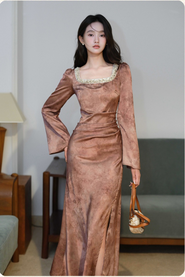 Retro pinched waist formal dress long sleeve dress