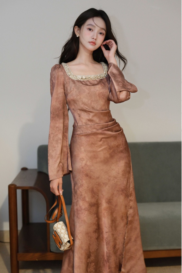 Retro pinched waist formal dress long sleeve dress