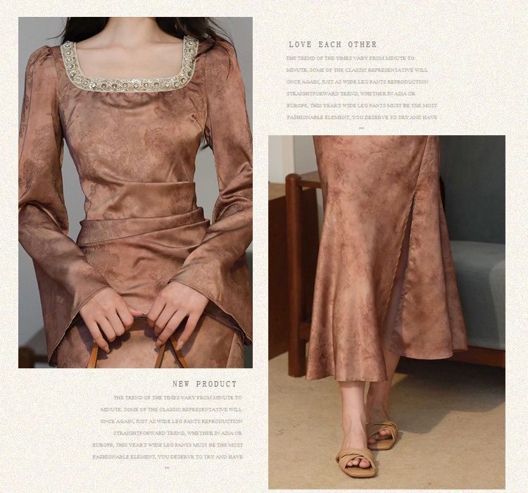 Retro pinched waist formal dress long sleeve dress