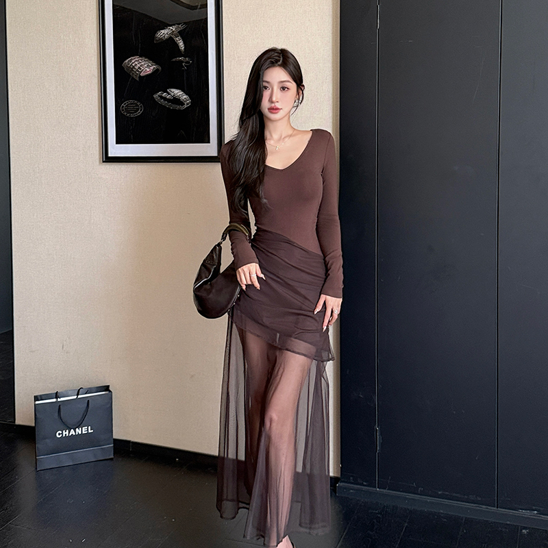 Pinched waist temperament dress V-neck long dress