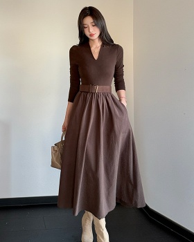 Pleated long sleeve dress khaki long dress for women
