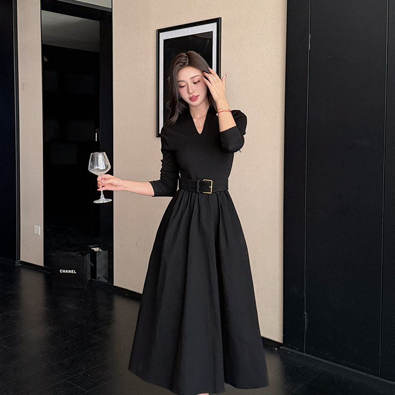 Pleated long sleeve dress khaki long dress for women