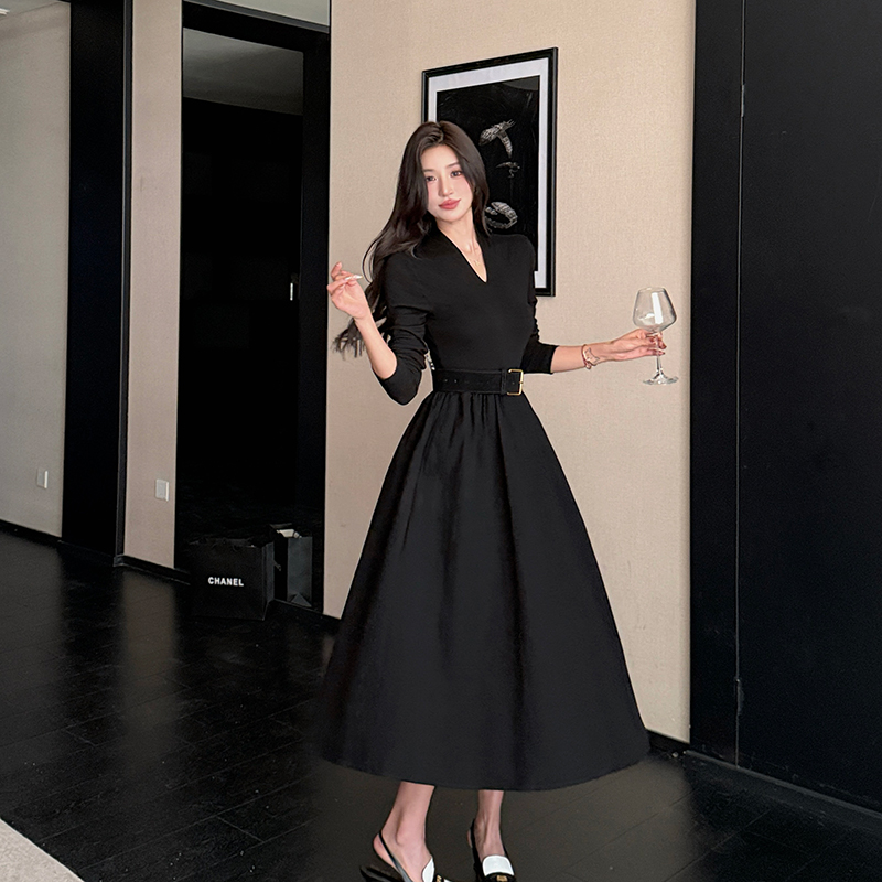 Pleated long sleeve dress khaki long dress for women