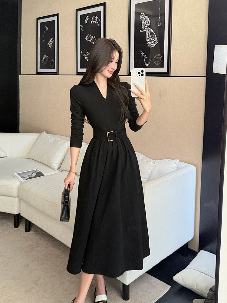 Pleated long sleeve dress khaki long dress for women
