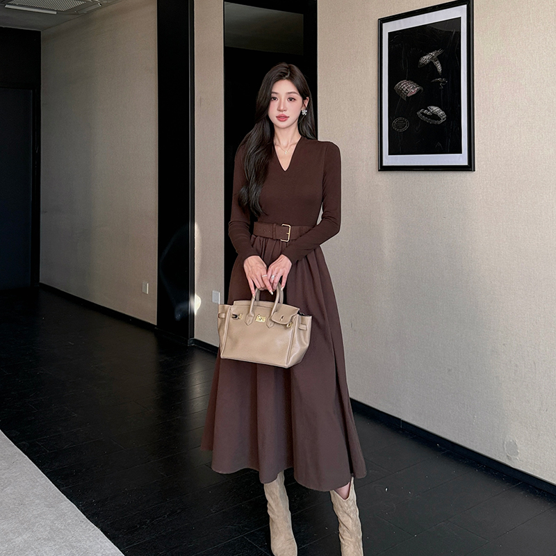 Pleated long sleeve dress khaki long dress for women