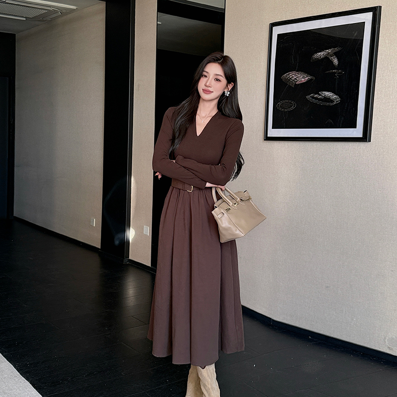 Pleated long sleeve dress khaki long dress for women