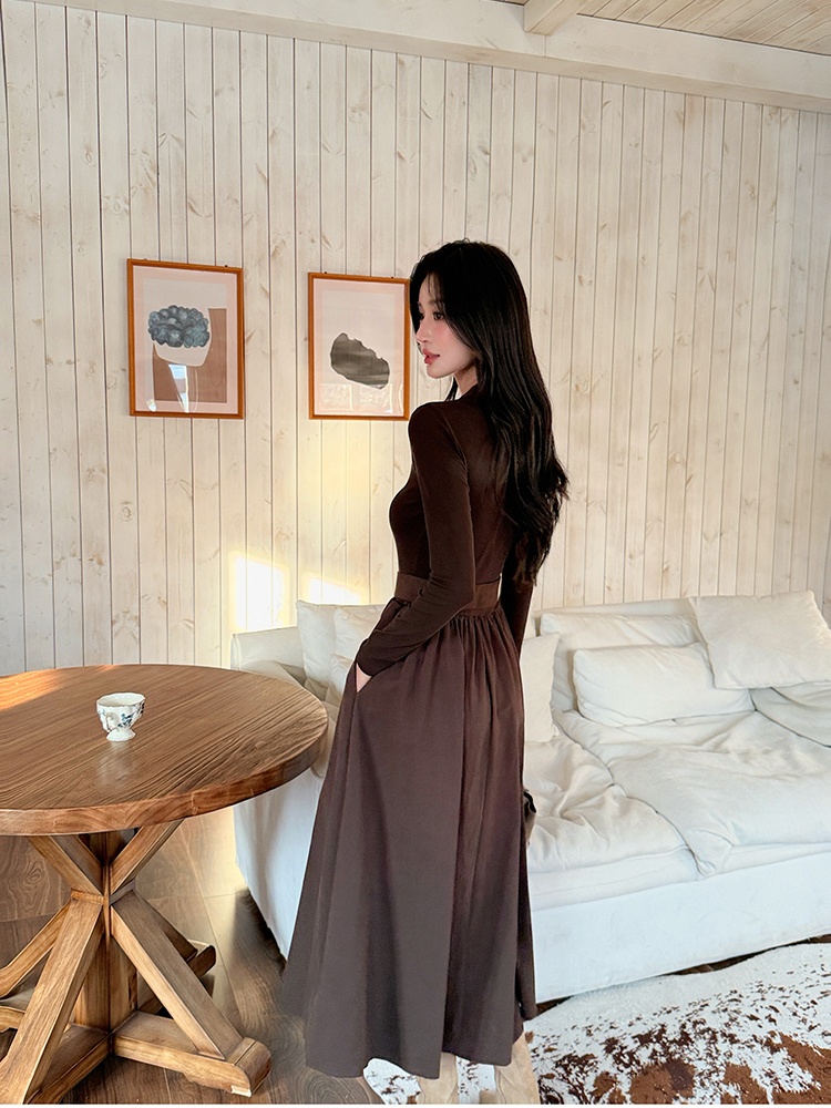 Pleated long sleeve dress khaki long dress for women