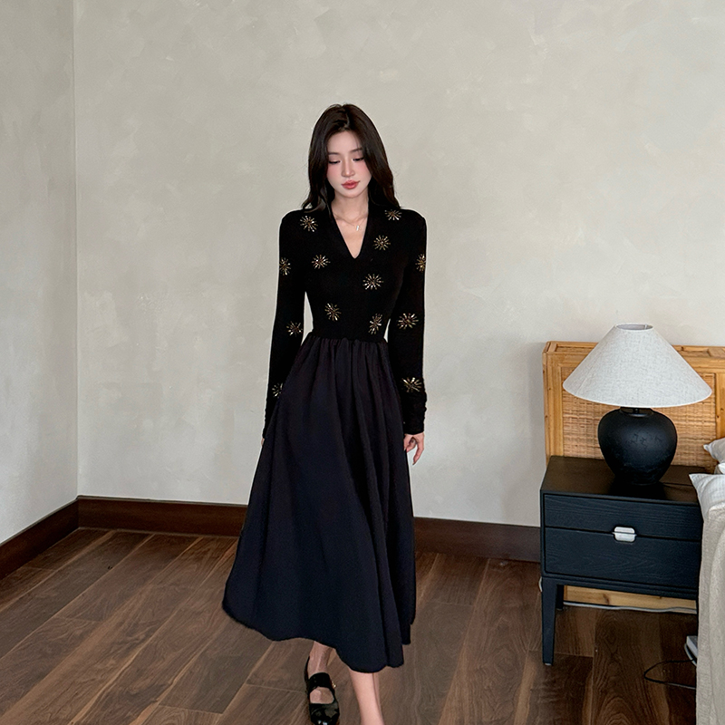 Long sleeve rhinestone fashion sun flower autumn dress