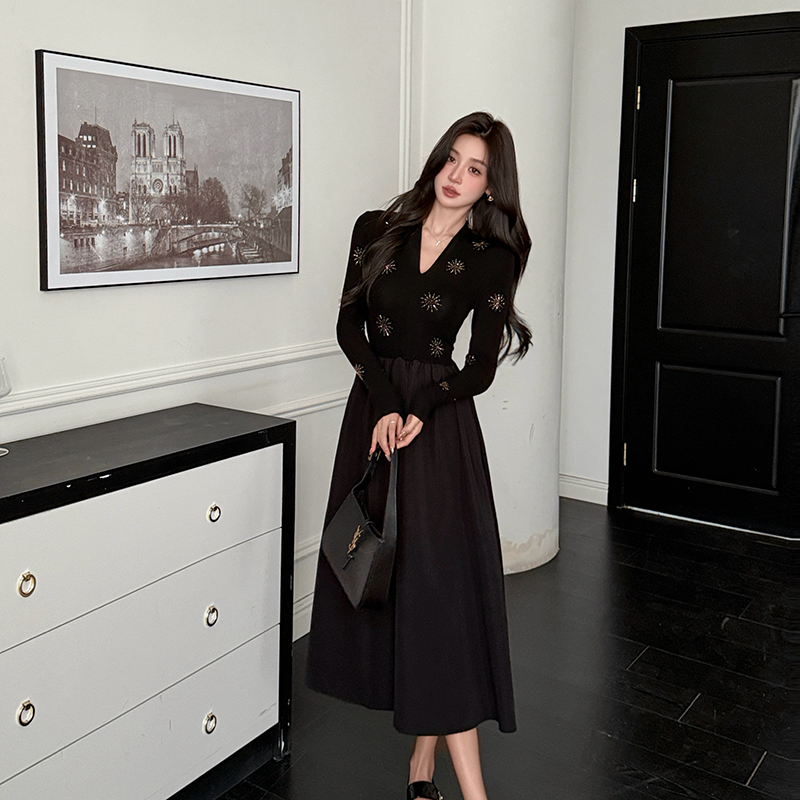 Long sleeve rhinestone fashion sun flower autumn dress