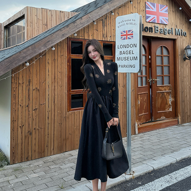 Long sleeve rhinestone fashion sun flower autumn dress