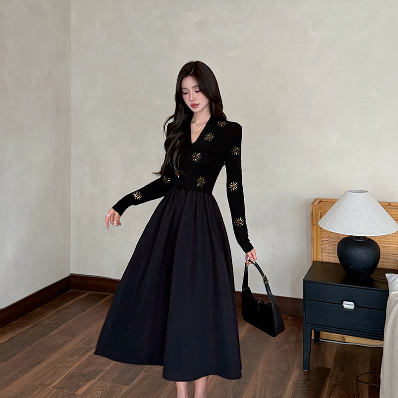 Long sleeve rhinestone fashion sun flower autumn dress