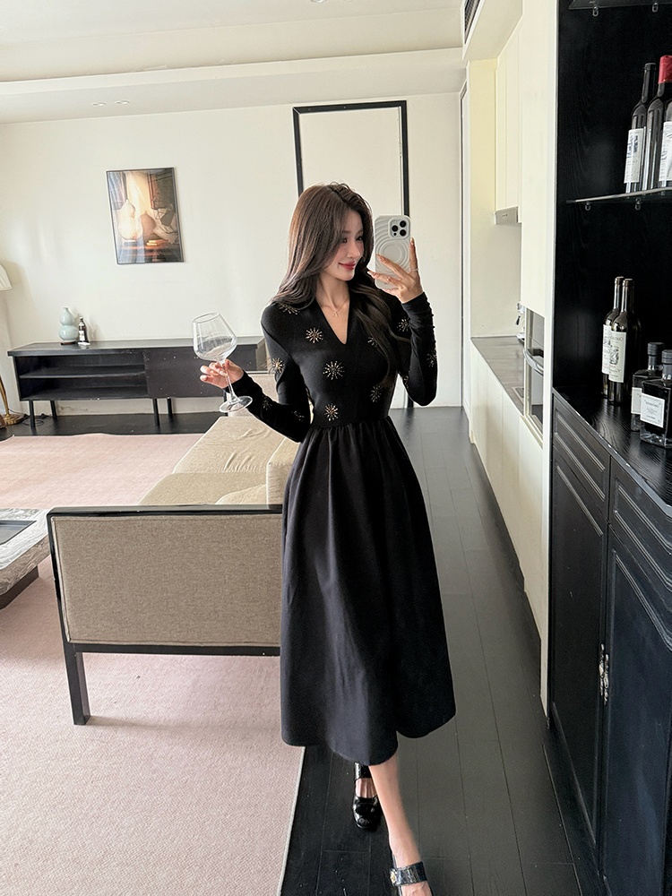Long sleeve rhinestone fashion sun flower autumn dress