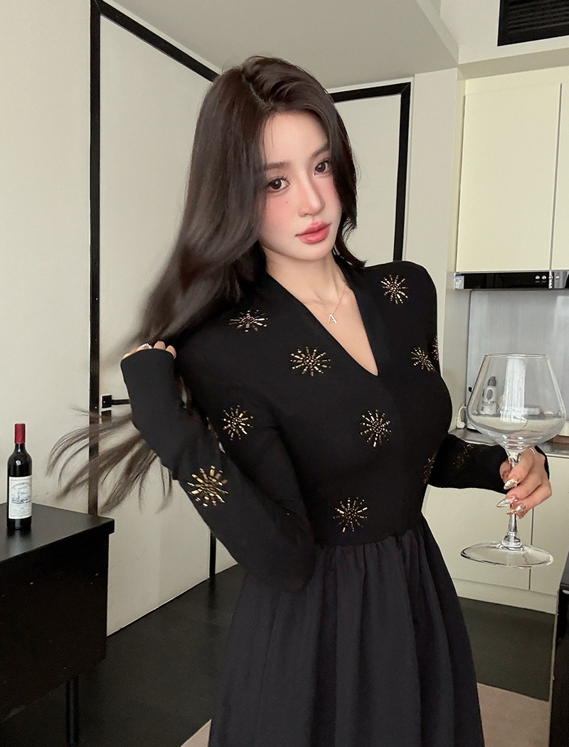 Long sleeve rhinestone fashion sun flower autumn dress