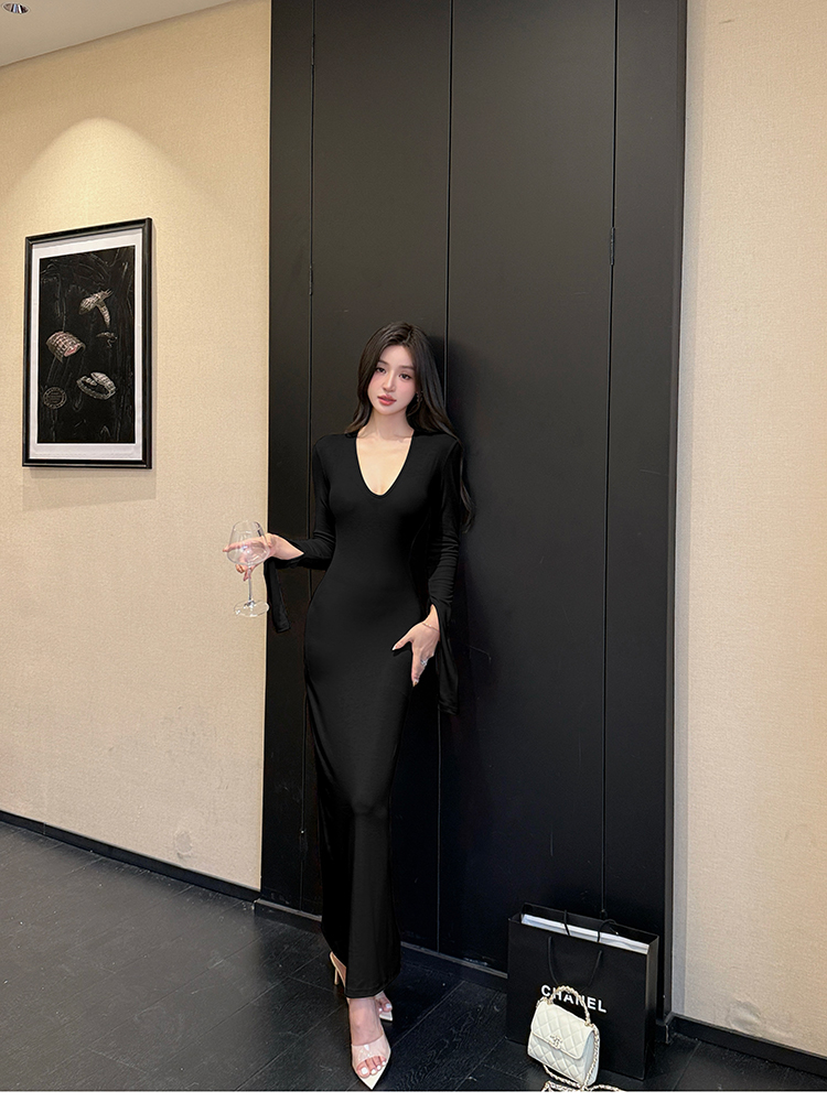 Halter long sleeve knitted dress curve bottoming long dress