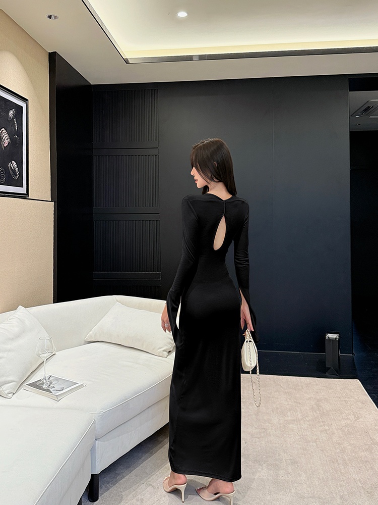 Halter long sleeve knitted dress curve bottoming long dress