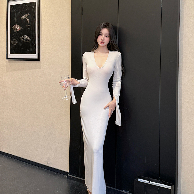 Halter long sleeve knitted dress curve bottoming long dress