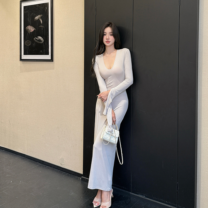 Halter long sleeve knitted dress curve bottoming long dress